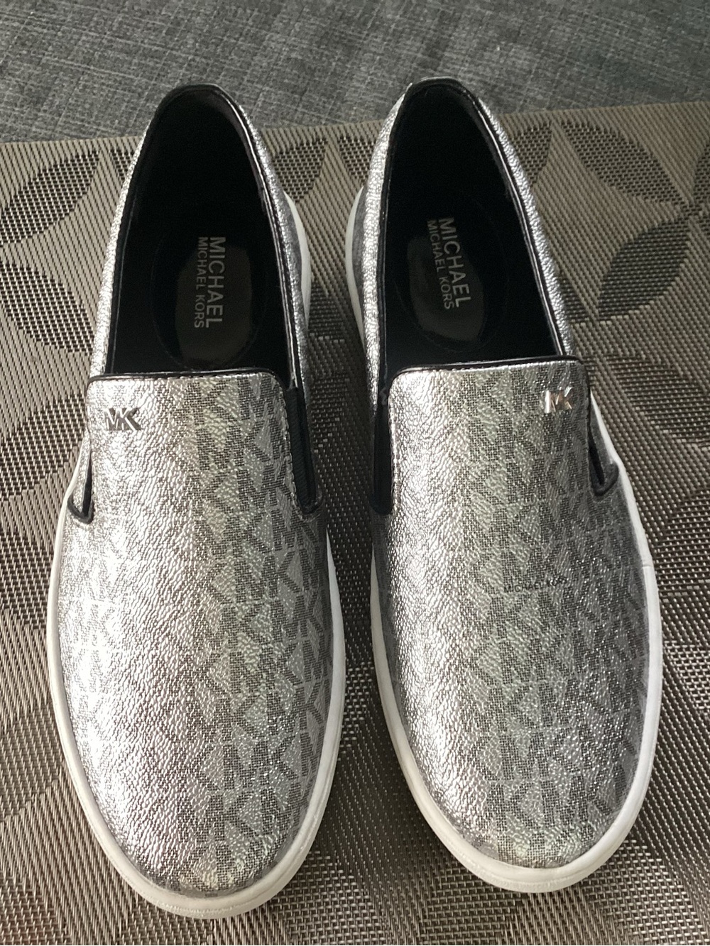 Michael Kors Women Metallic Silver MK Logo Slip-On Loafers